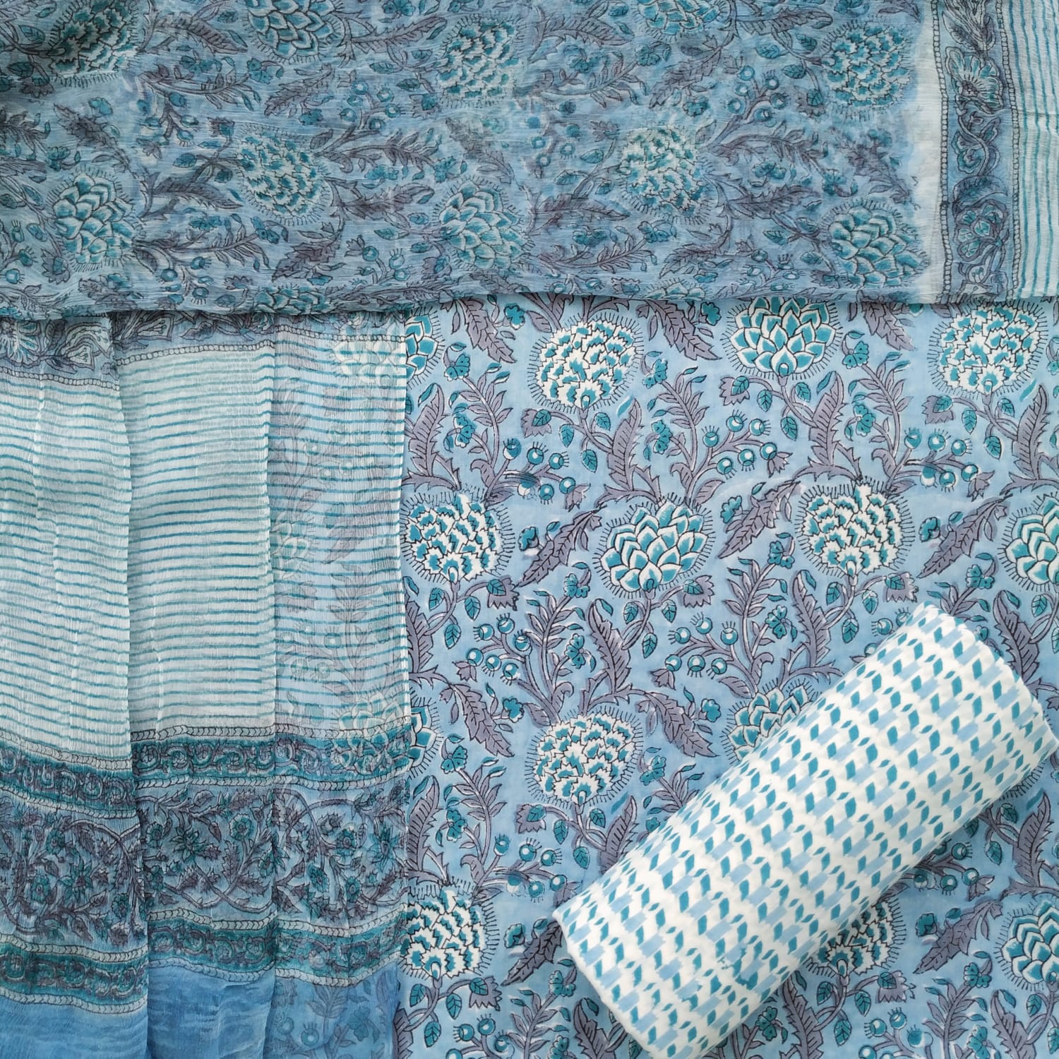 Shop hand block print cotton suit material with chiffon dupatta (PCHF369)