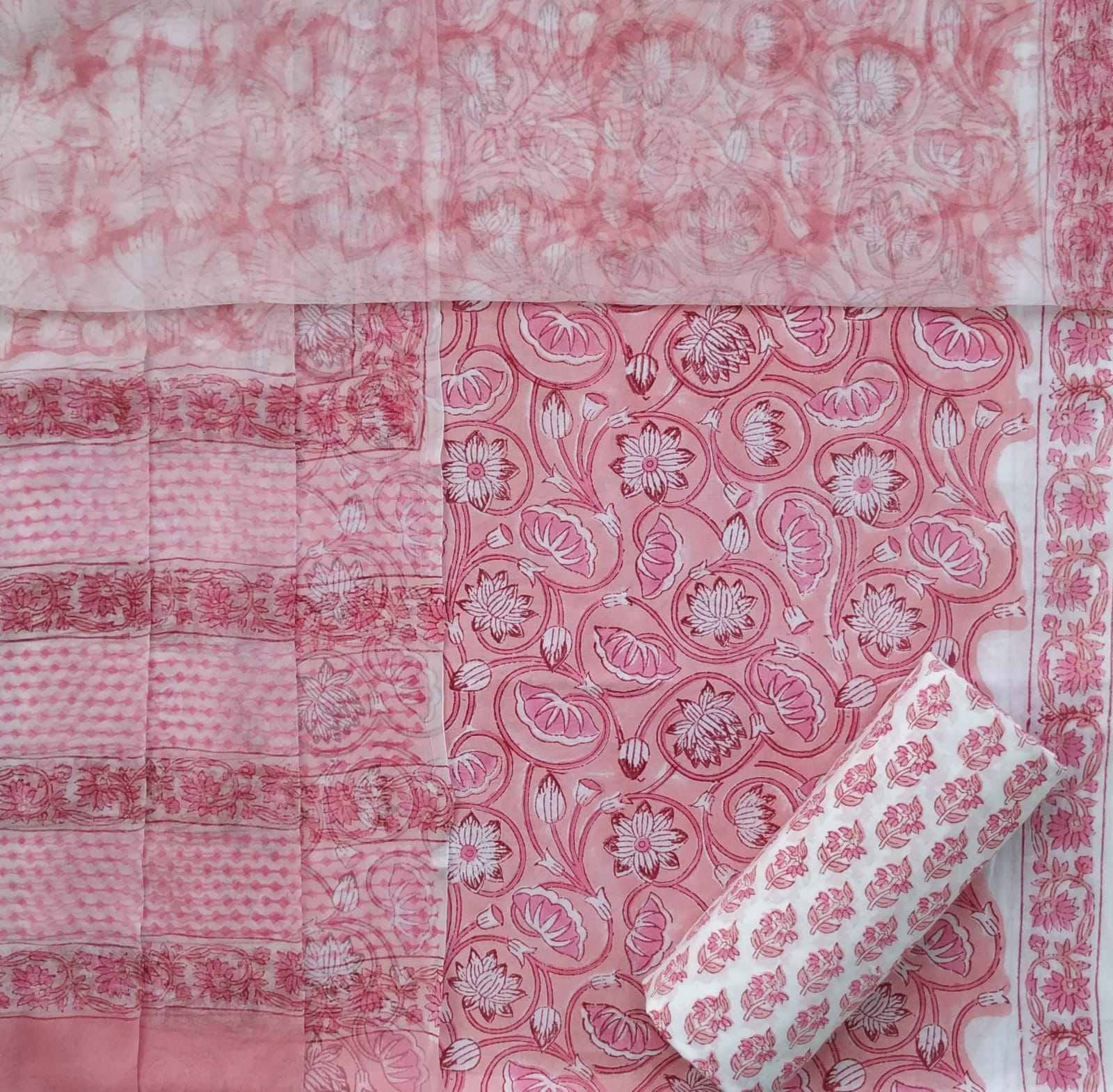 Shop jaipuri print cotton suit with chiffon dupatta (PCHF382)