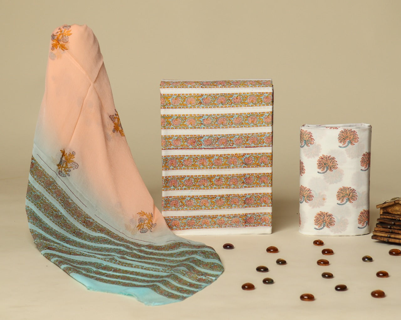 Shop hand block print cotton suit sets with chiffon dupatta (PCHF399)