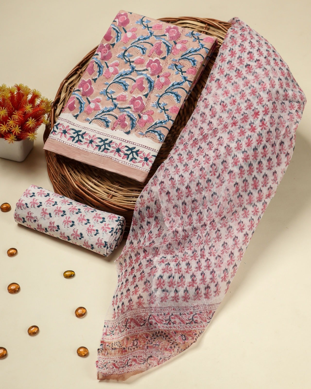 Shop unstitched cotton suit sets with chiffon dupatta (PCHF404)