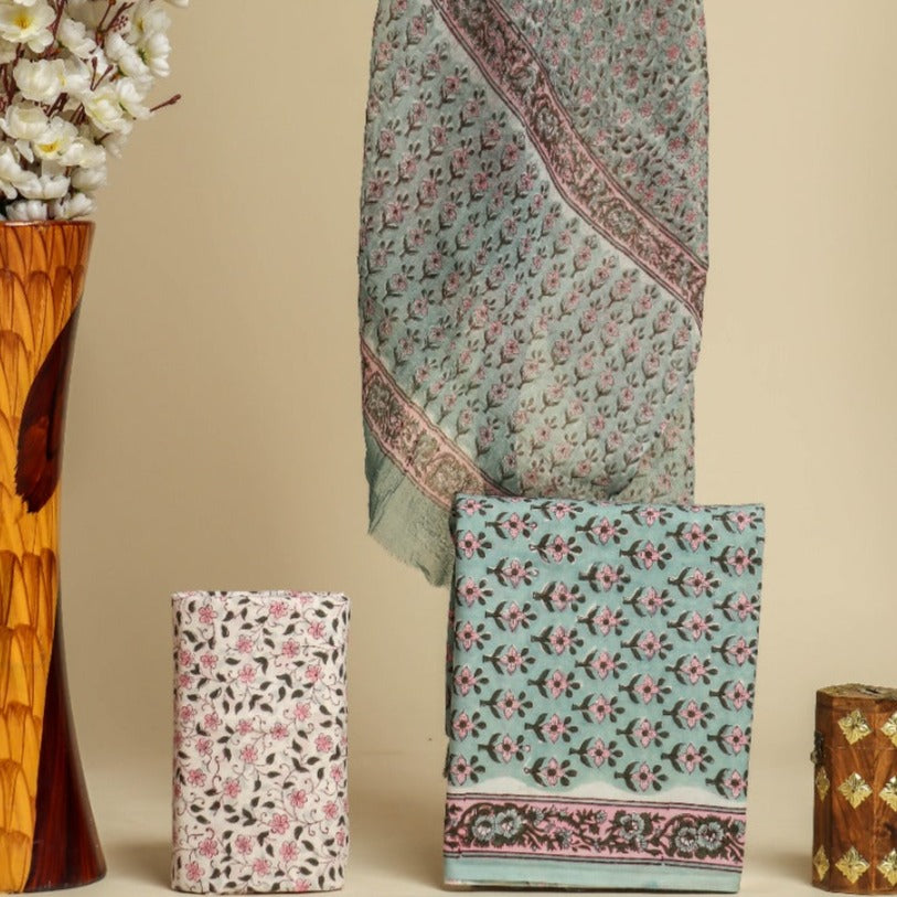 Shop unstitched cotton suit sets with chiffon dupatta (PCHF406)