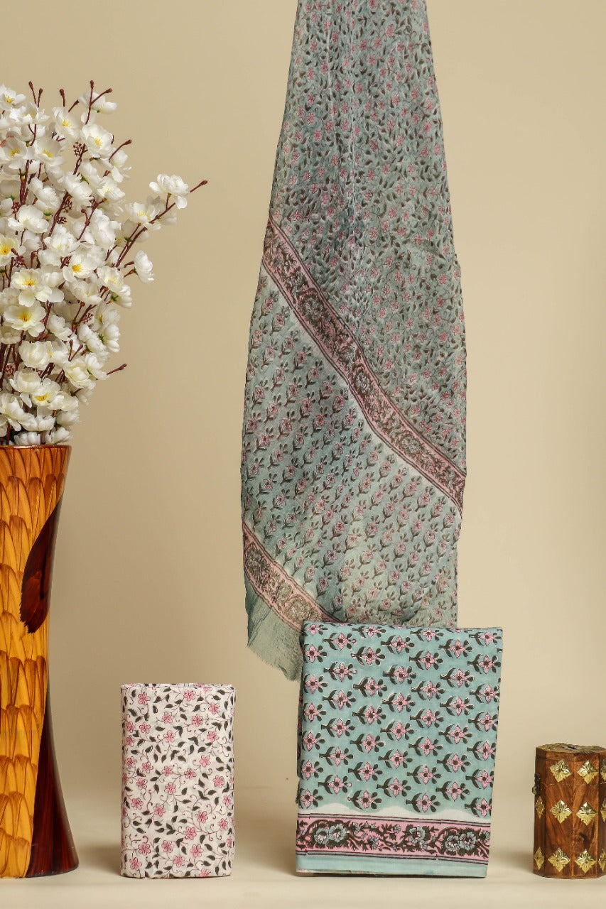 Shop unstitched cotton suit sets with chiffon dupatta (PCHF406)