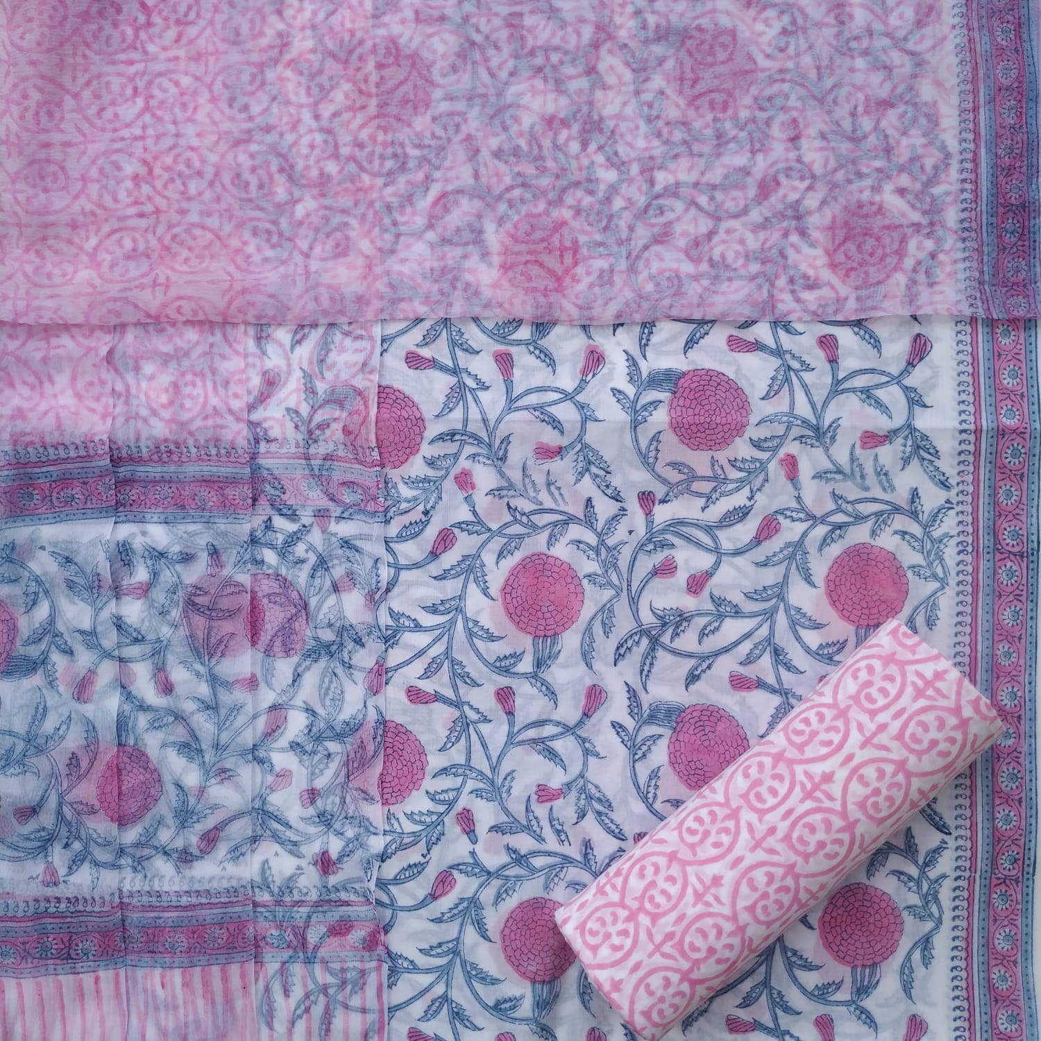 Shop hand block print cotton suit sets with chiffon dupatta (PCHF419)