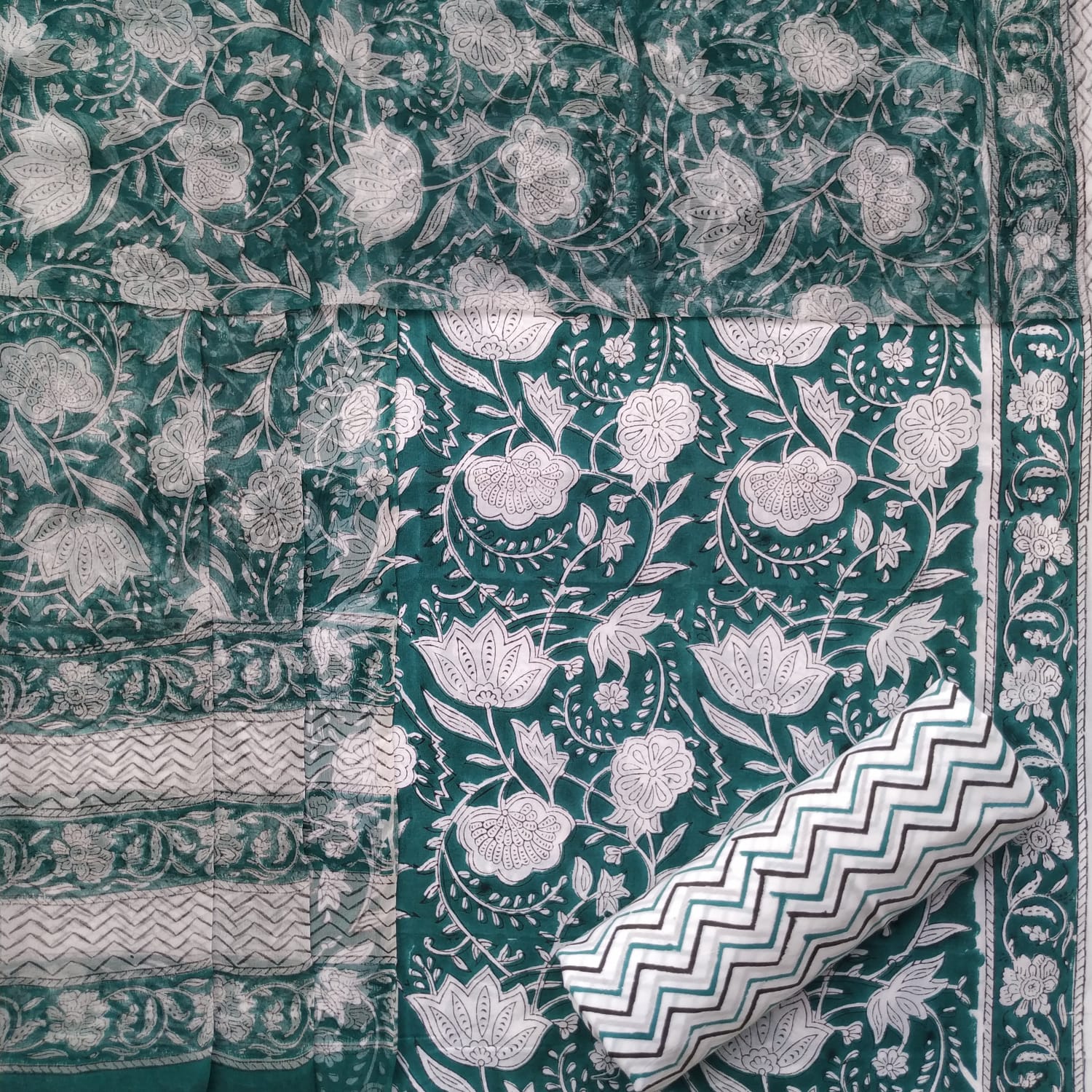 Shop block print cotton suit sets with chiffon dupatta online (PCHF423)