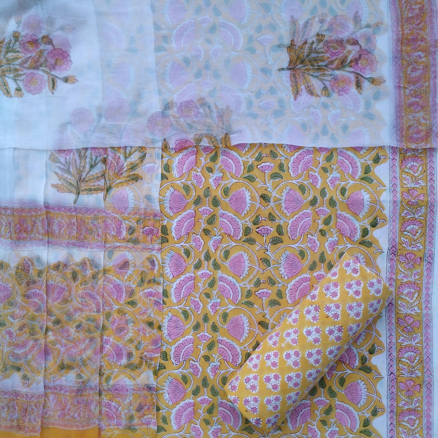 Shop block print cotton suit with chiffon dupatta (PCHF459)