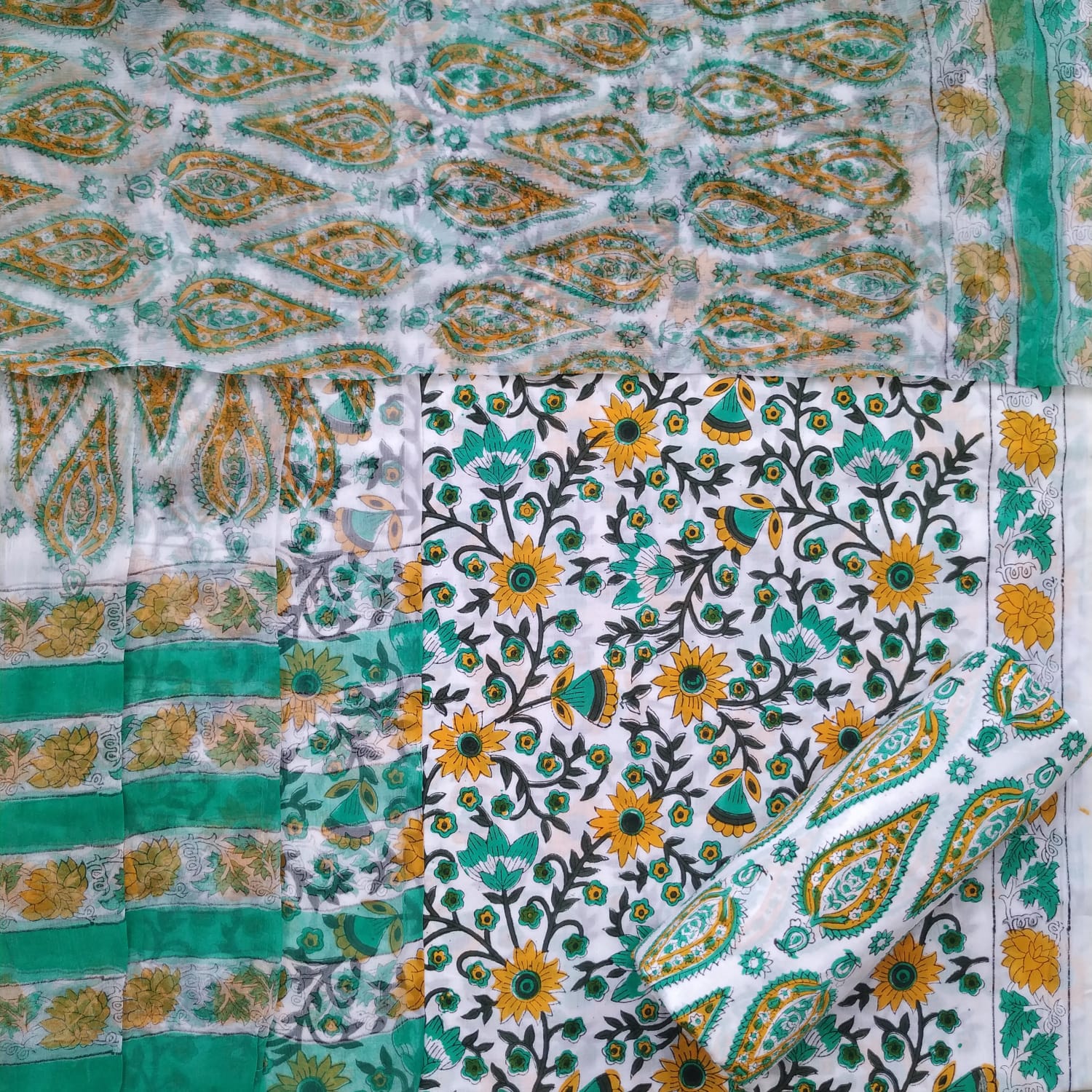 Shop block print cotton suits with chiffon dupatta online (PCHF460)