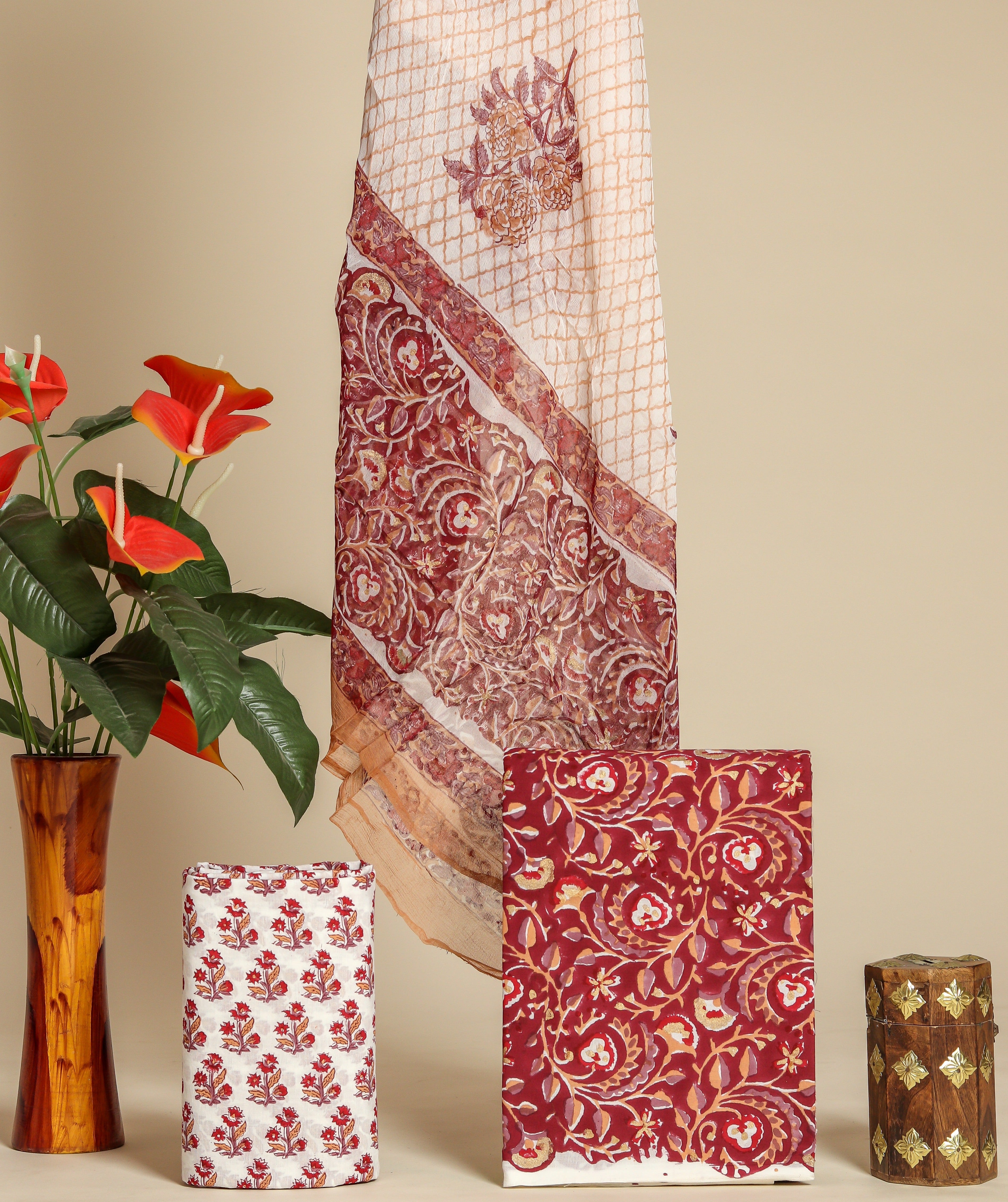 Designer Hand Block Print Cotton Suit Set with Chiffon Dupatta