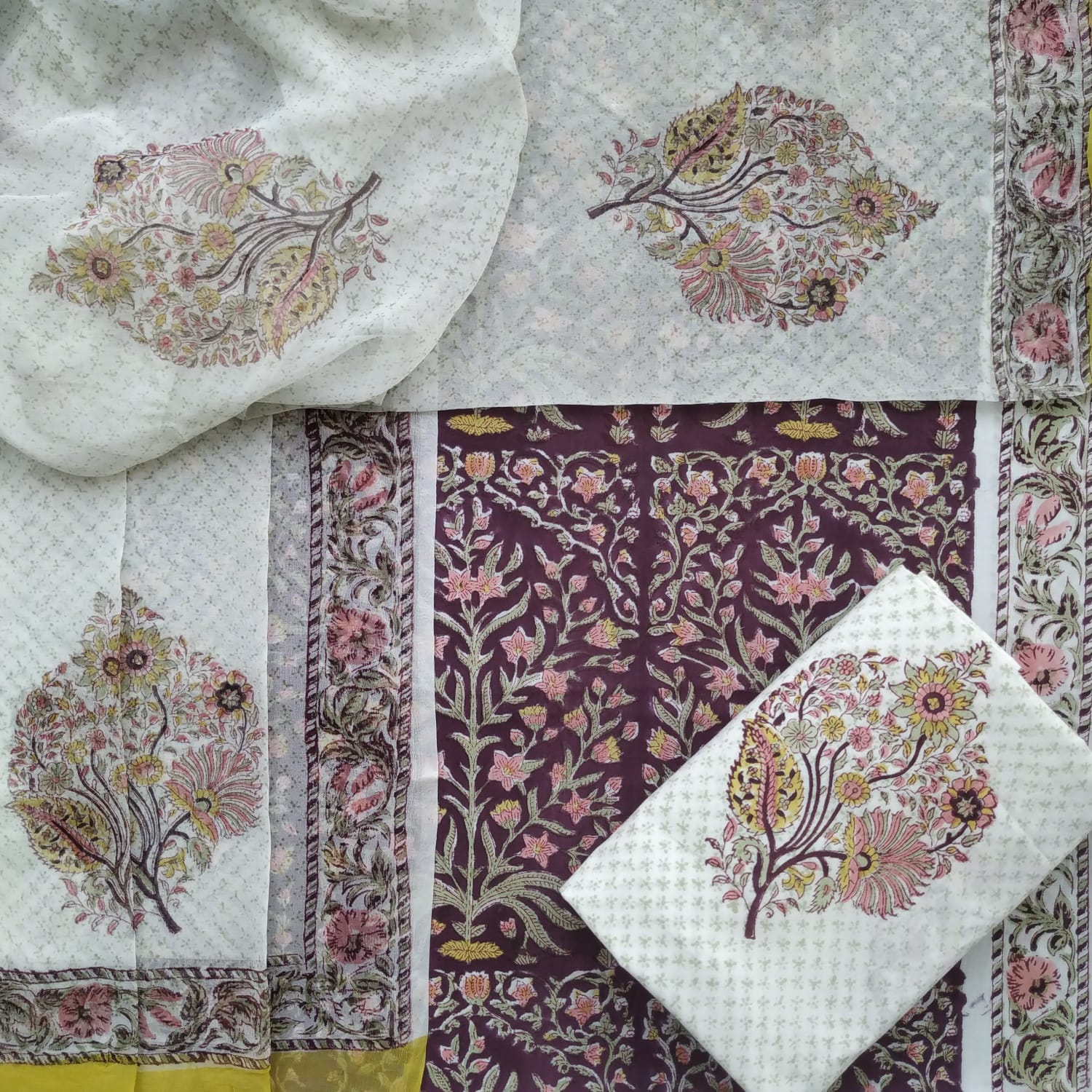 Shop unstitched cotton suit sets with chiffon dupatta (PCHF468)