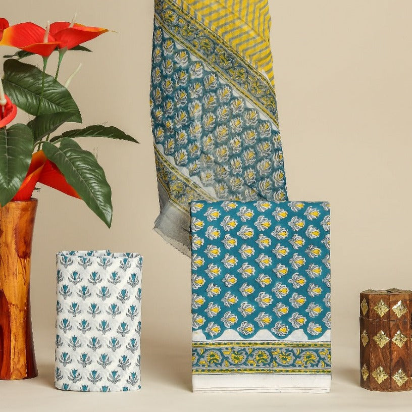 Shop hand block print cotton suit set with chiffon dupatta (PCHF469)