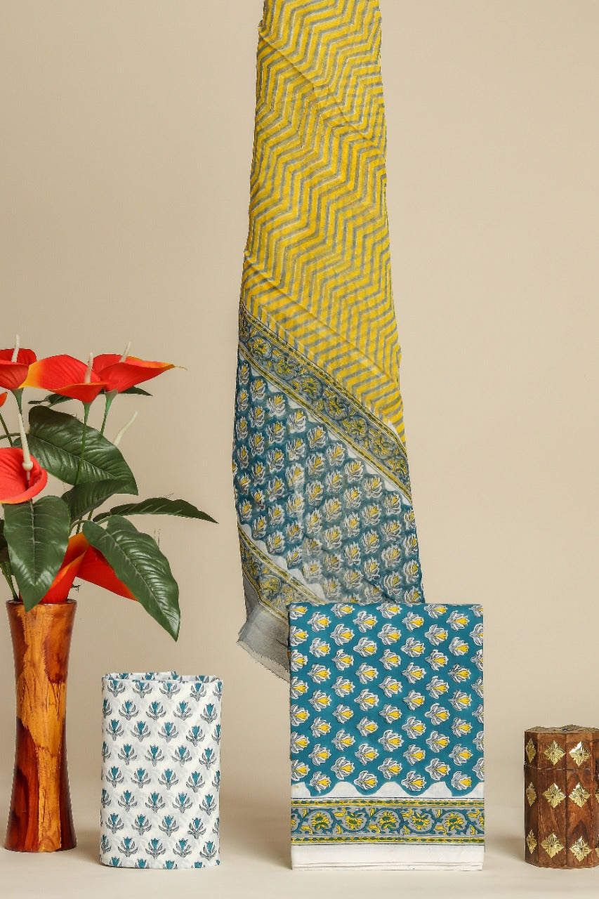 Shop hand block print cotton suit set with chiffon dupatta (PCHF469)