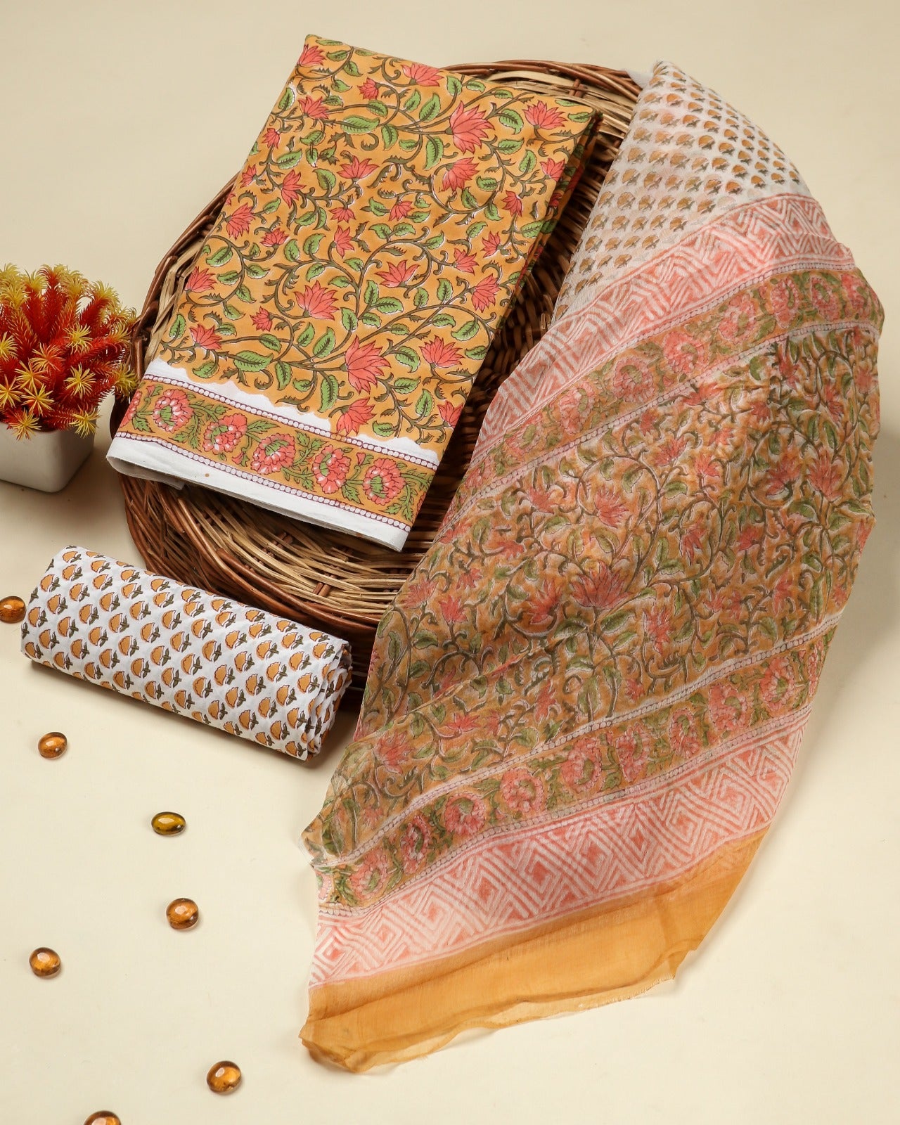 Elegant Hand Block Print Cotton Suit Set with Chiffon Dupatta (PCHF471)