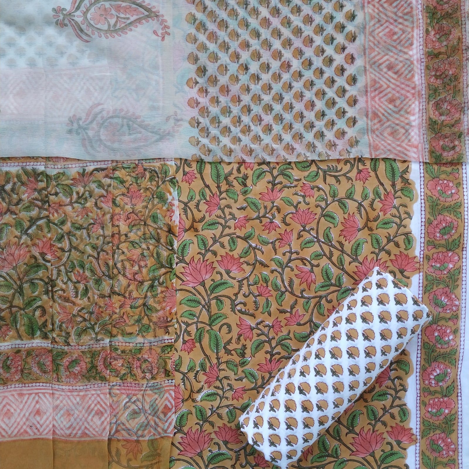 Elegant Hand Block Print Cotton Suit Set with Chiffon Dupatta (PCHF471)