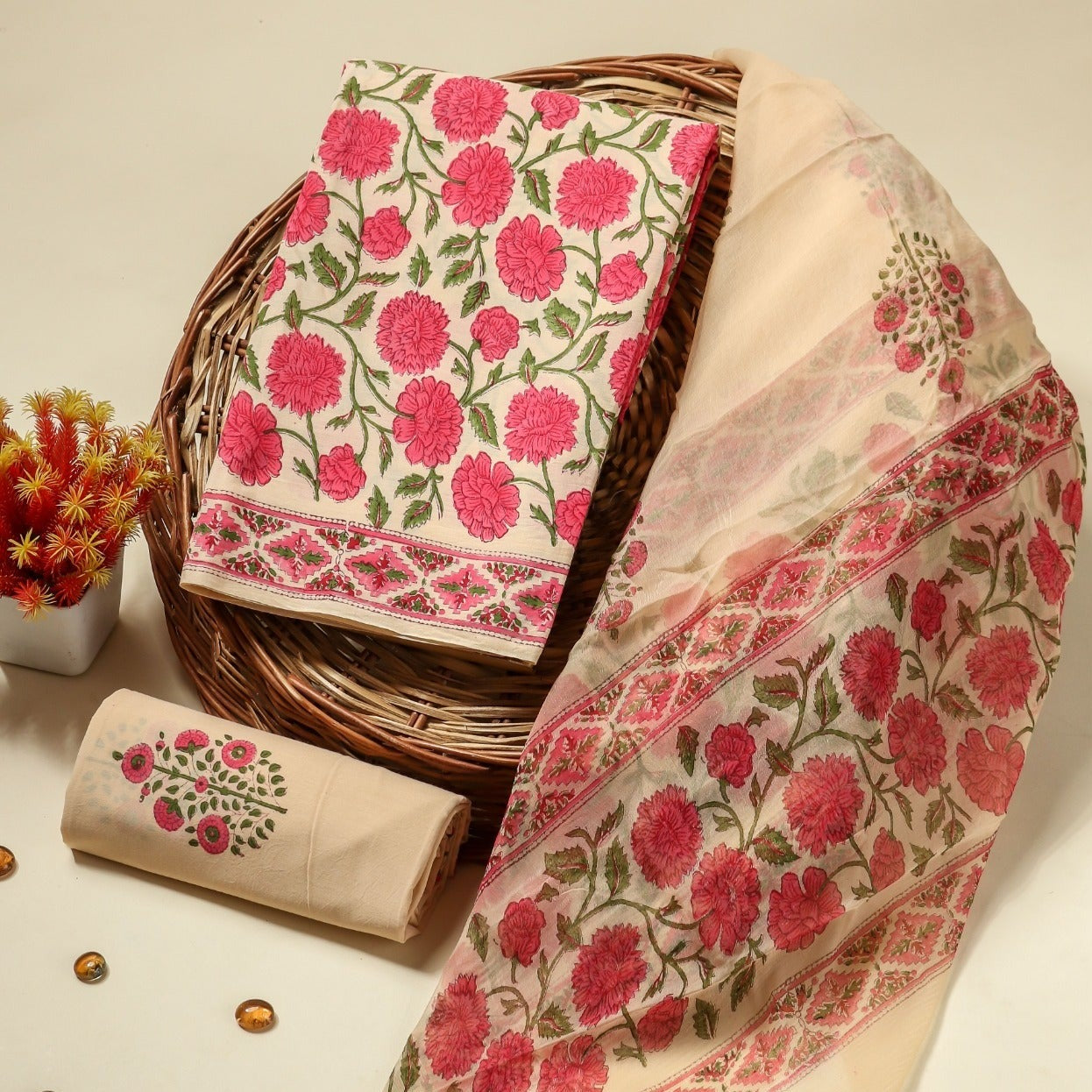 Shop block printed cotton suits with chiffon dupatta in jaipur (PCHF484)