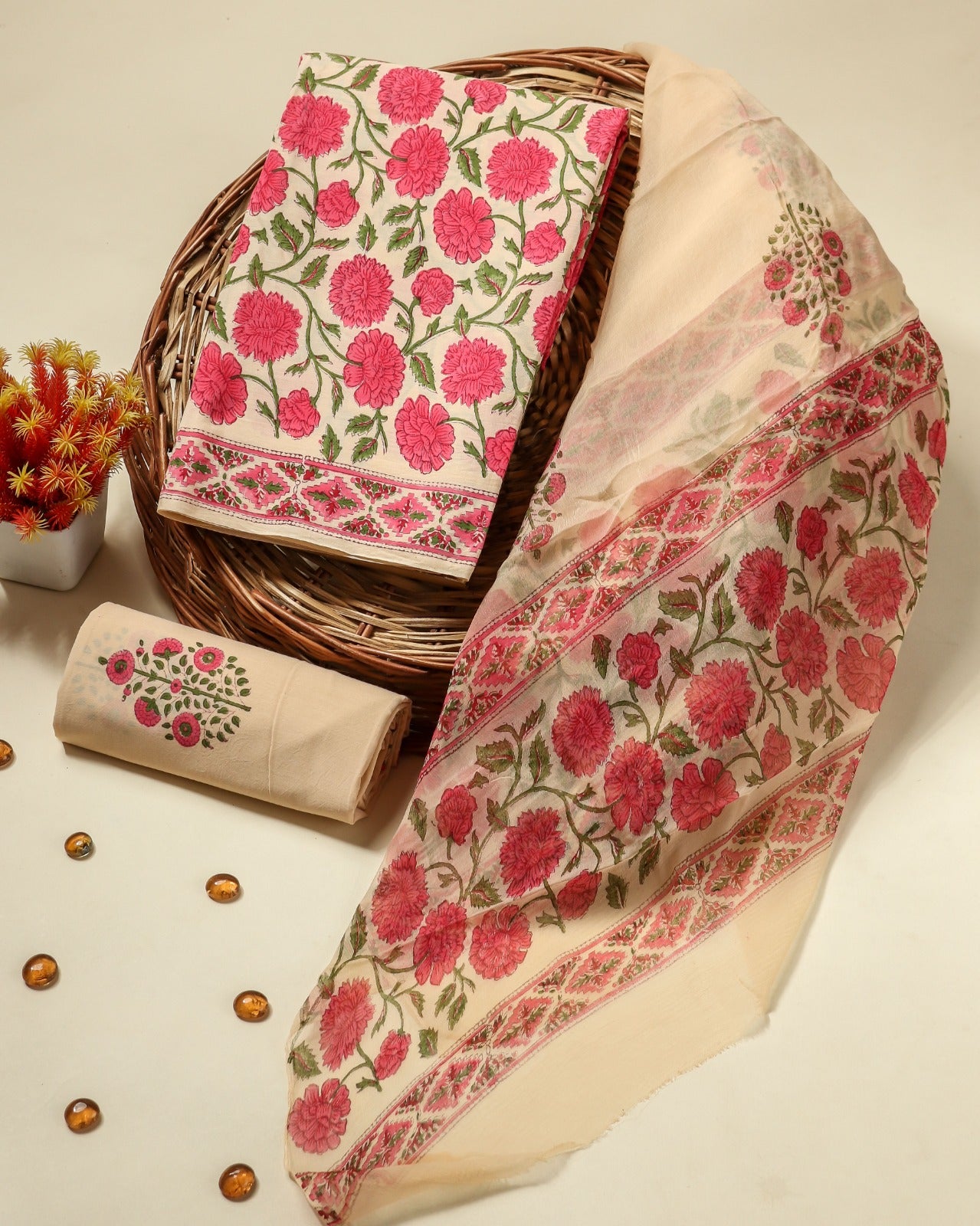 Shop block printed cotton suits with chiffon dupatta in jaipur (PCHF484)