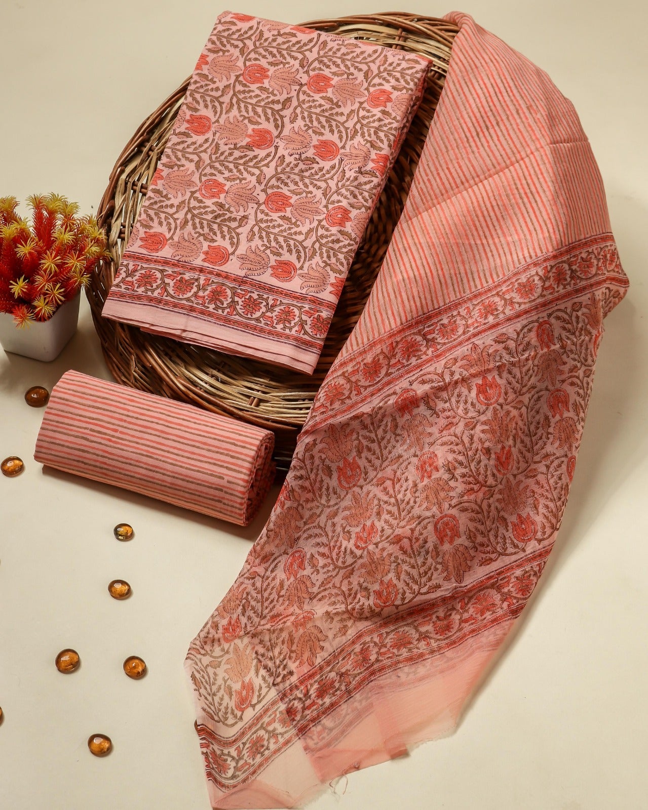 Shop hand block printed cottion suits with chiffon dupatta (PCHF486)