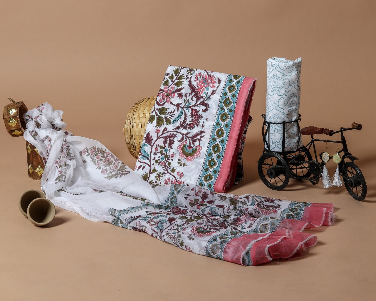 Summery Hand Block Print Pure Cotton Chiffon Dupatta Suit (PCHF70) - ShalviFashion