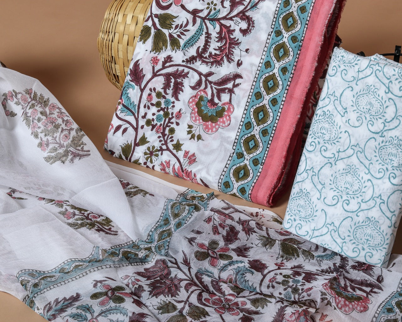 Summery Hand Block Print Pure Cotton Chiffon Dupatta Suit (PCHF70) - ShalviFashion