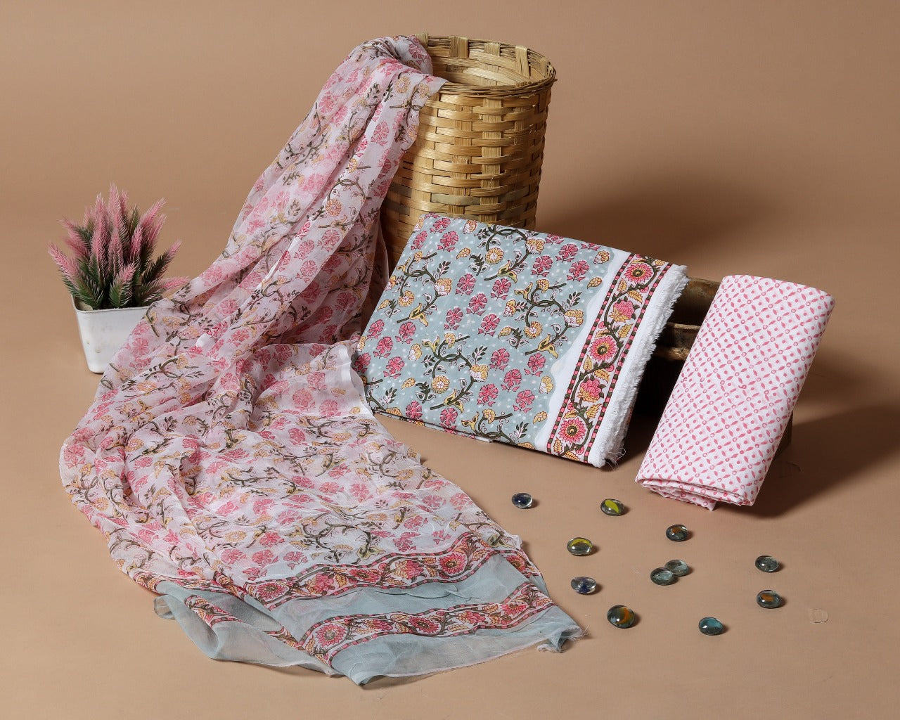 Designer Cotton Suit Piece with Chiffon Dupatta (PCHF83) - ShalviFashion