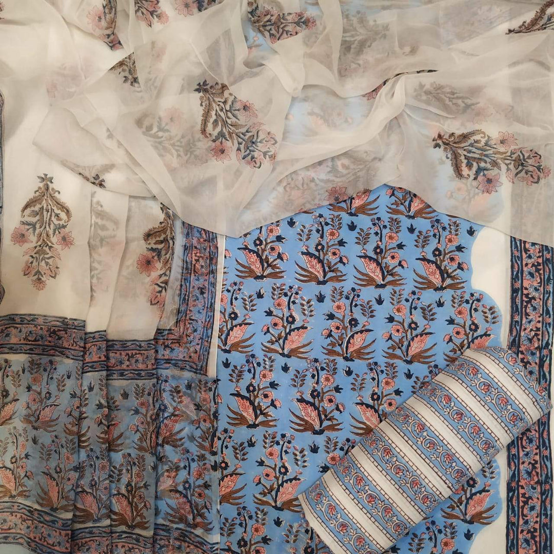 Premium Hand Block Print Cotton Suit with Chiffon Dupatta (PCHF85) - ShalviFashion