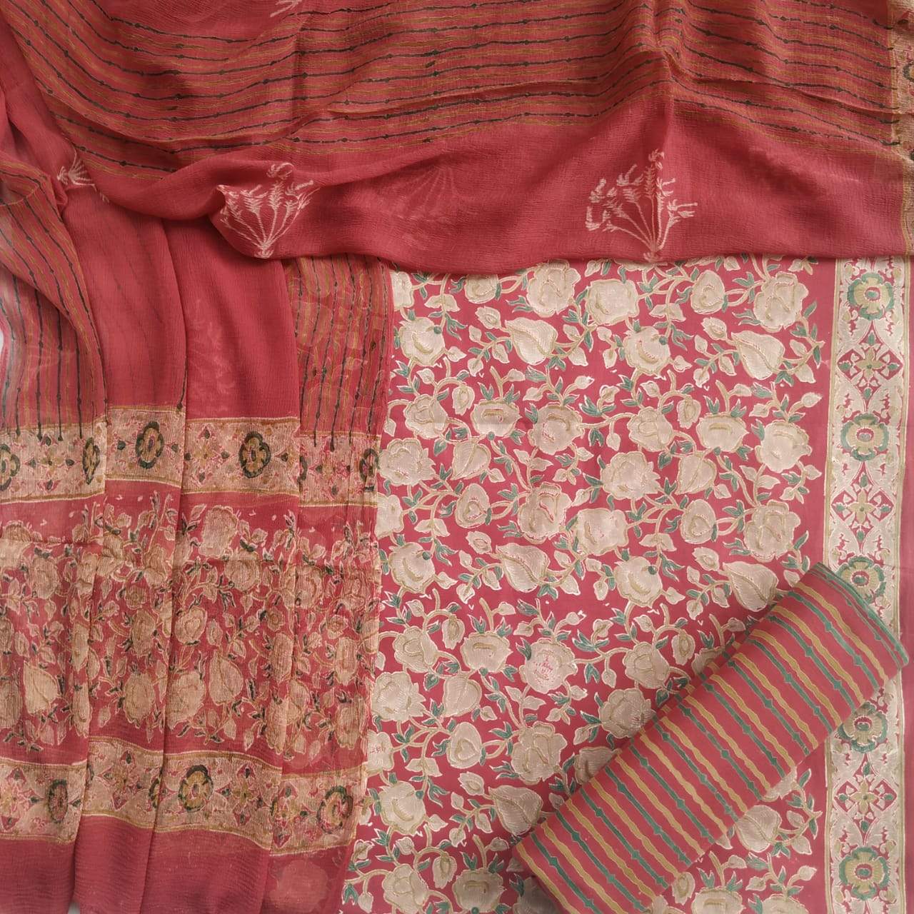 Traditional Hand Block Print Pure Cotton Suit with Chiffon Dupatta (PCHF91) - ShalviFashion