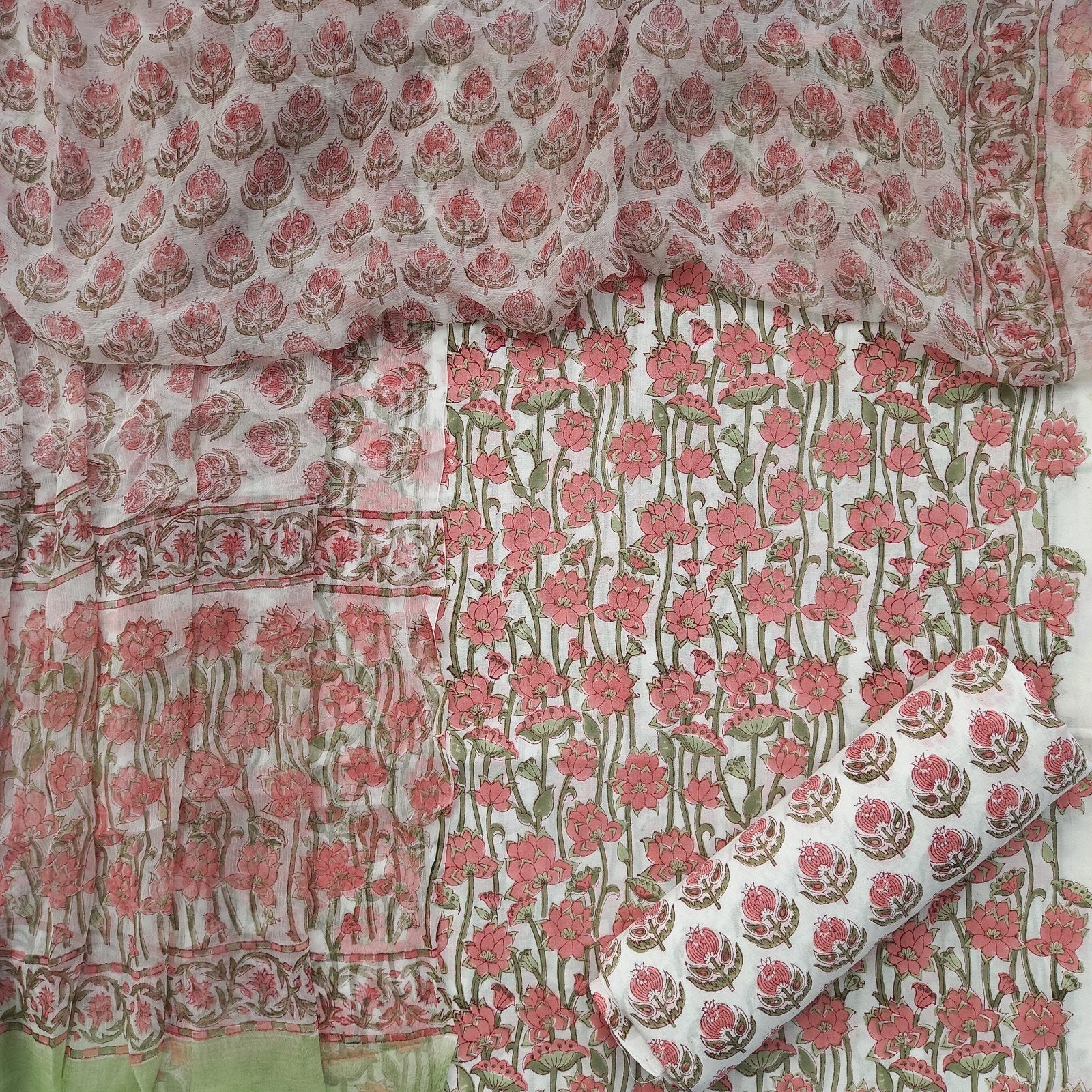 Elegant Hand Block Print Pure Cotton Suit with Chiffon Dupatta (PCHF93) - ShalviFashion
