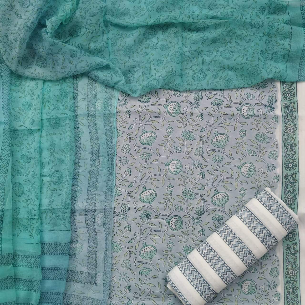 Shop Unstitched Hand Block Print Pure Cotton Suits with Chiffon Dupatta (PCHF95)