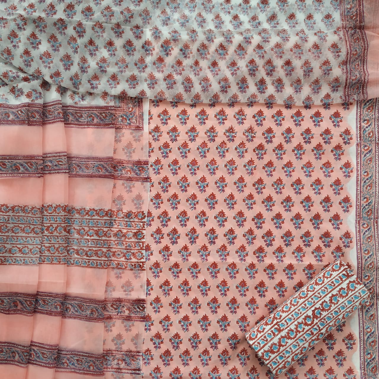 Shop Unstitched Hand Block Print Pure Cotton Suits with Chiffon Dupatta (PCHF97)