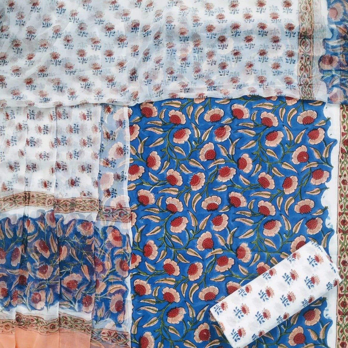 Shop Unstitched Hand Block Print Pure Cotton Suits with Chiffon Dupatta (PCHF99)
