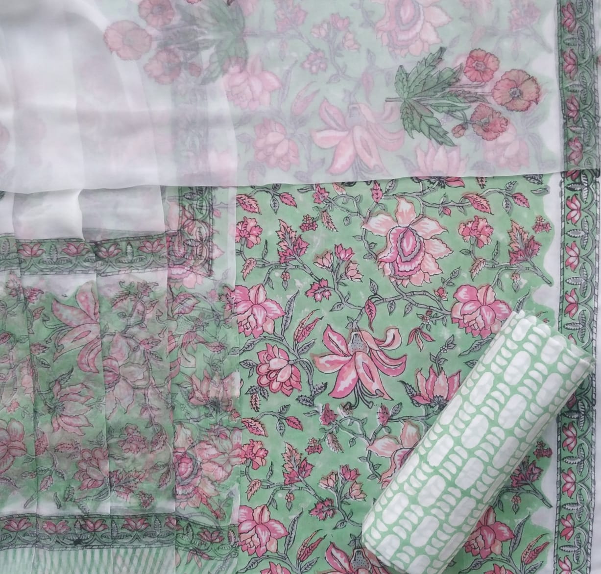 Shop hand block print cotton suit with chiffon dupatta (PCHF310)