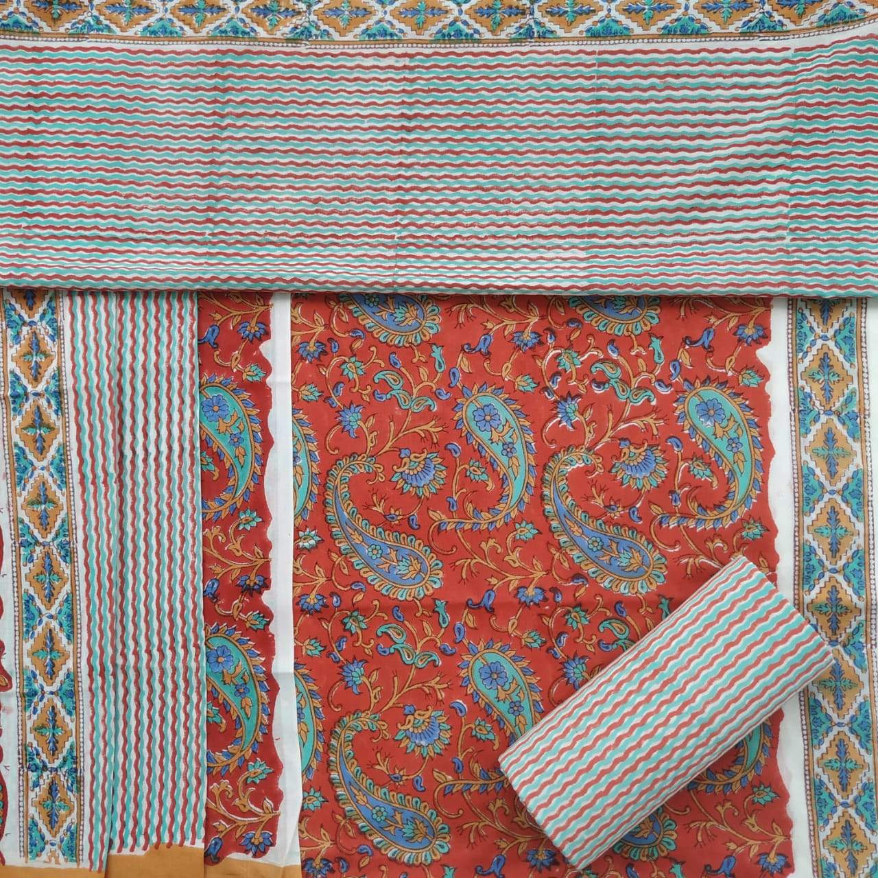 Designer Hand Block Print Pure Cotton Suits with Mulmul Dupatta (PRMUL101) - ShalviFashion