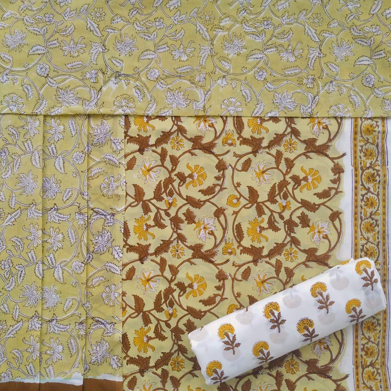 Exclusive Hand Block Floral Jaal Print Pure Cotton Suit material with Mulmul Dupatta (PRMUL112)