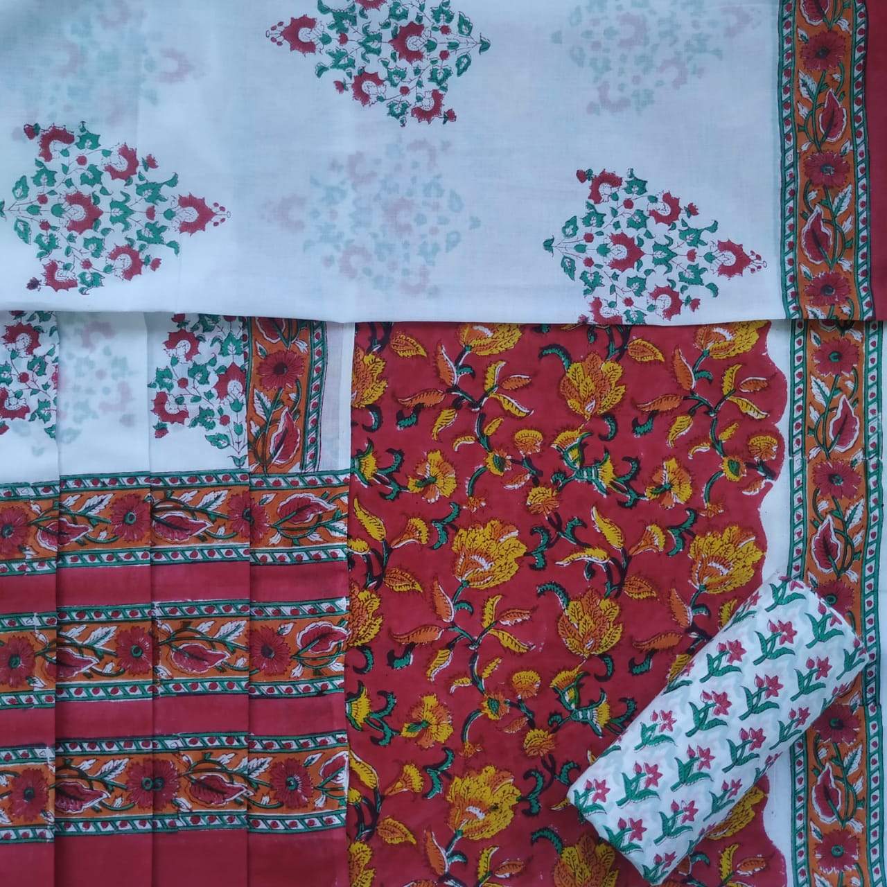 Exclusive Hand Block Floral Jaal Print Pure Cotton Suits with Mulmul Dupatta (PRMUL117)