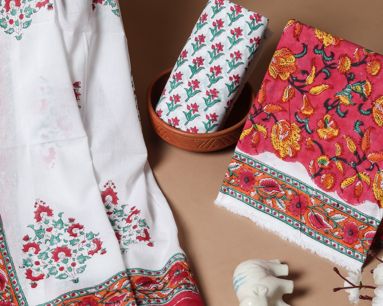 Exclusive Hand Block Floral Jaal Print Pure Cotton Suits with Mulmul Dupatta (PRMUL117)