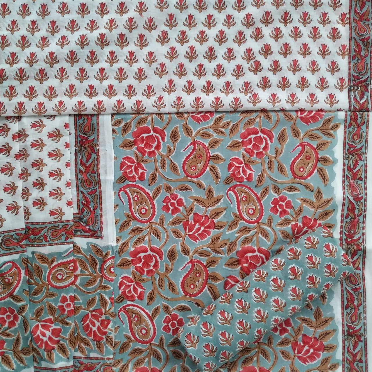 Shop Unstitched Hand Block Print Pure Cotton Suits with Mulmul Dupatta (PRMUL122)