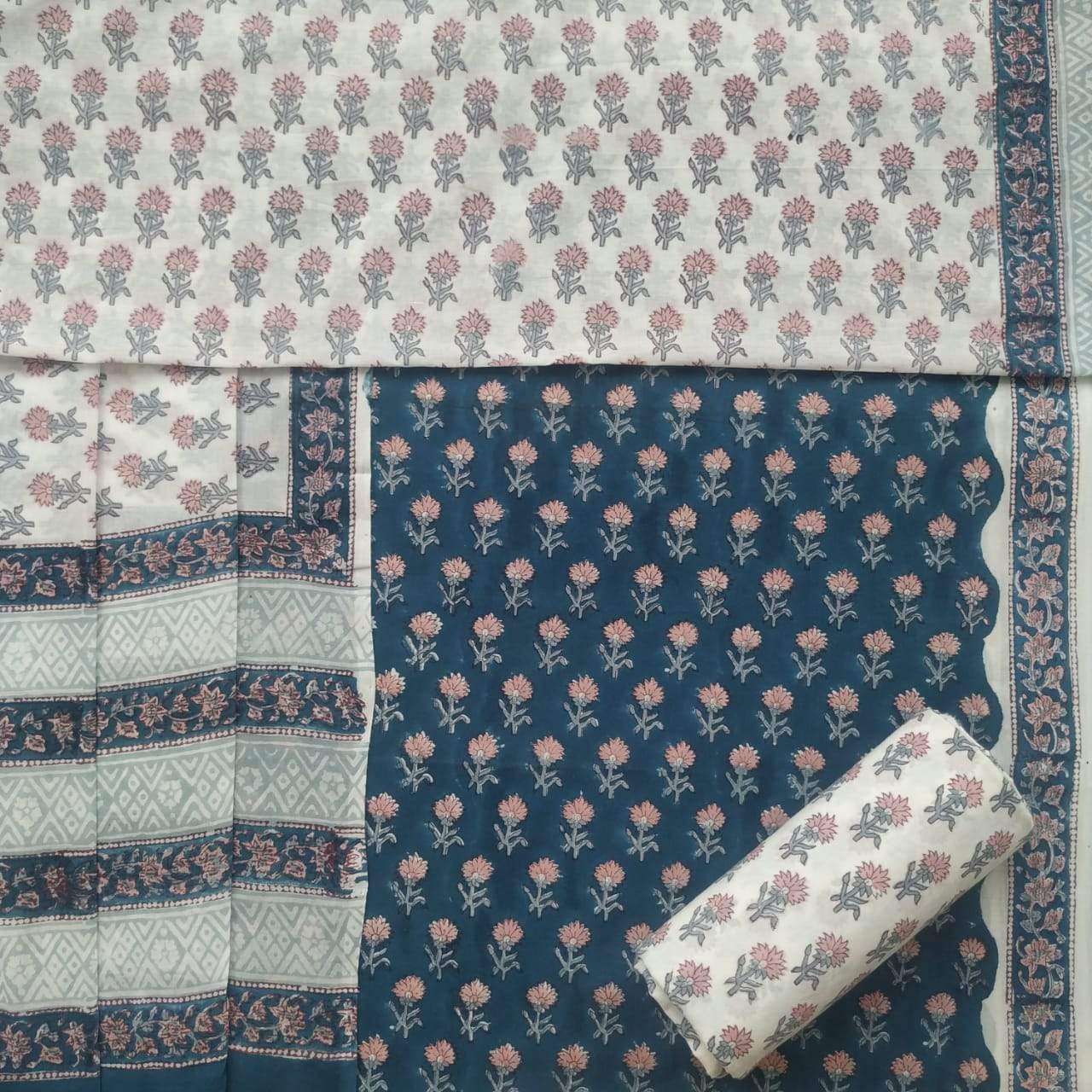 Shop Unstitched Hand Block Print Pure Cotton Suits with Mulmul Dupatta (PRMUL129)