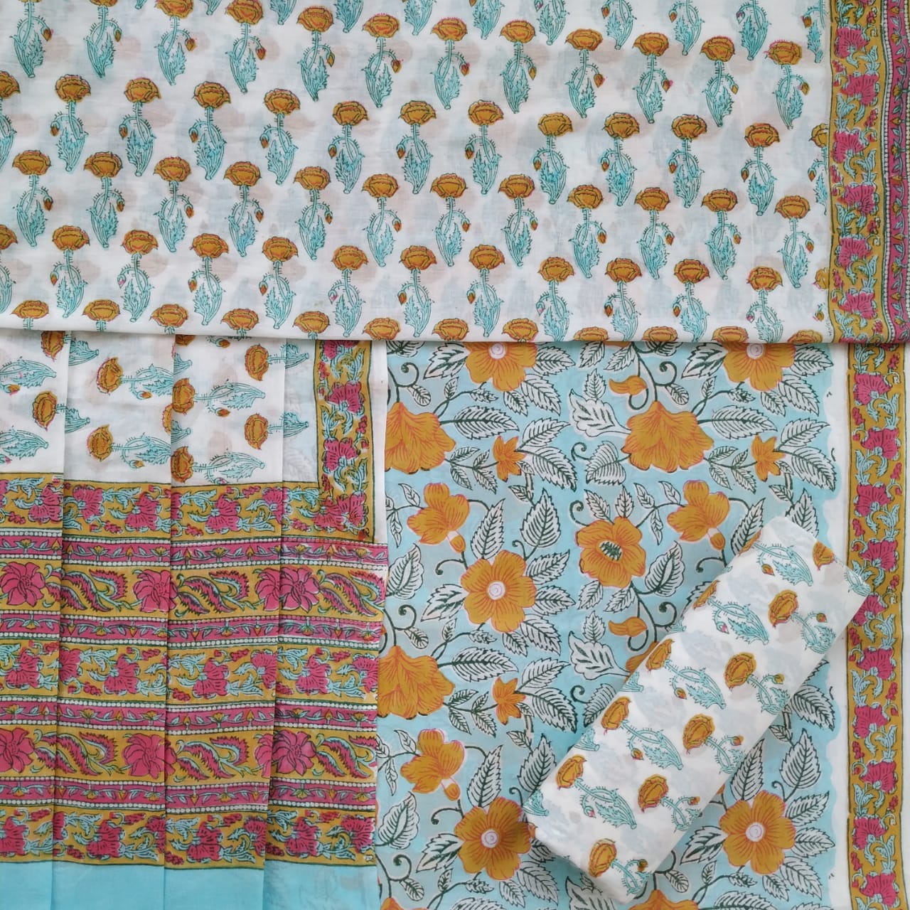 Shop Hand Block Print Pure Cotton Suits with Mulmul Dupatta (PRMUL134)