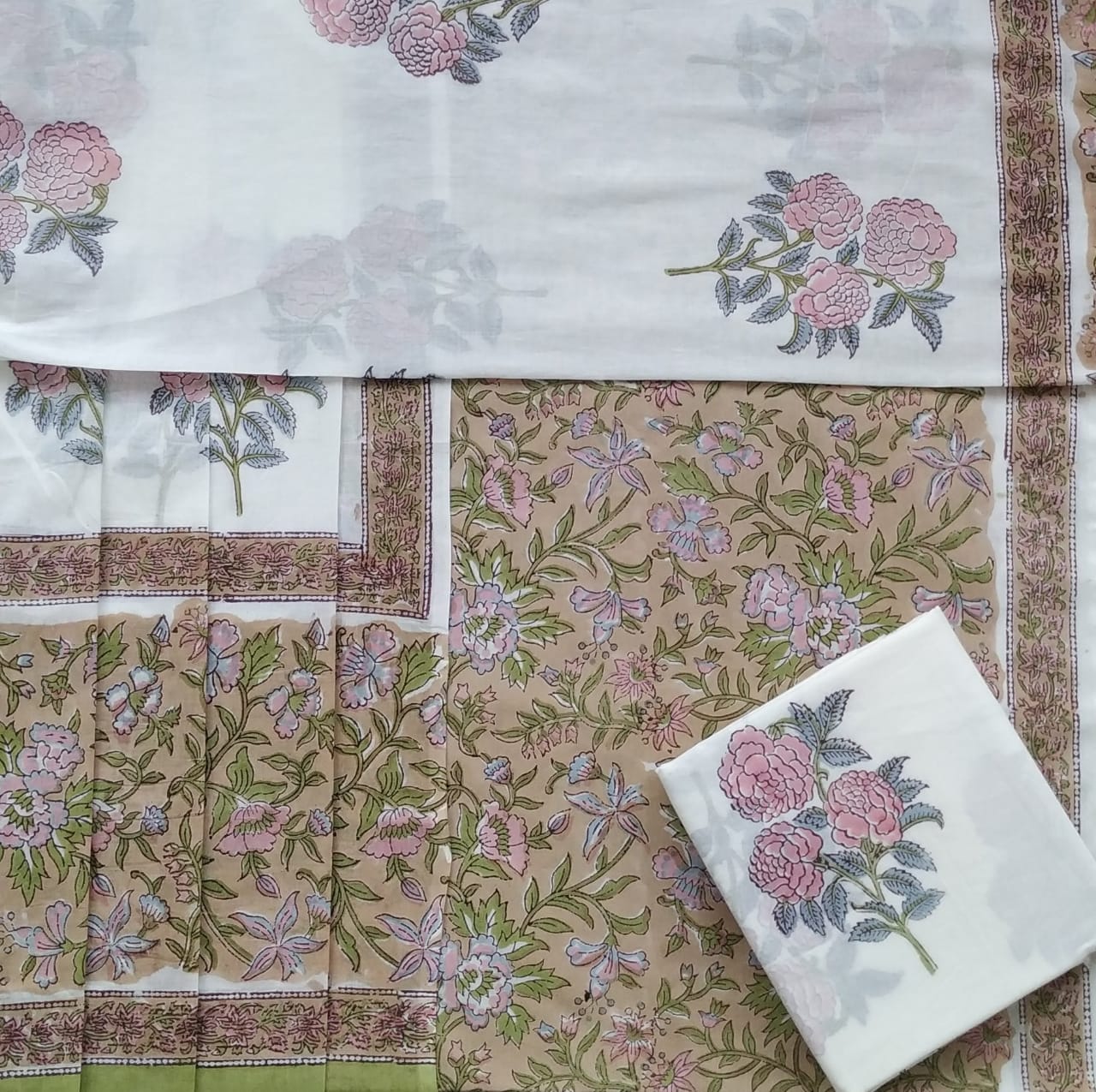 Shop Unstitced Hand Block Print Pure Cotton Suits with Mulmul Dupatta (PRMUL138)