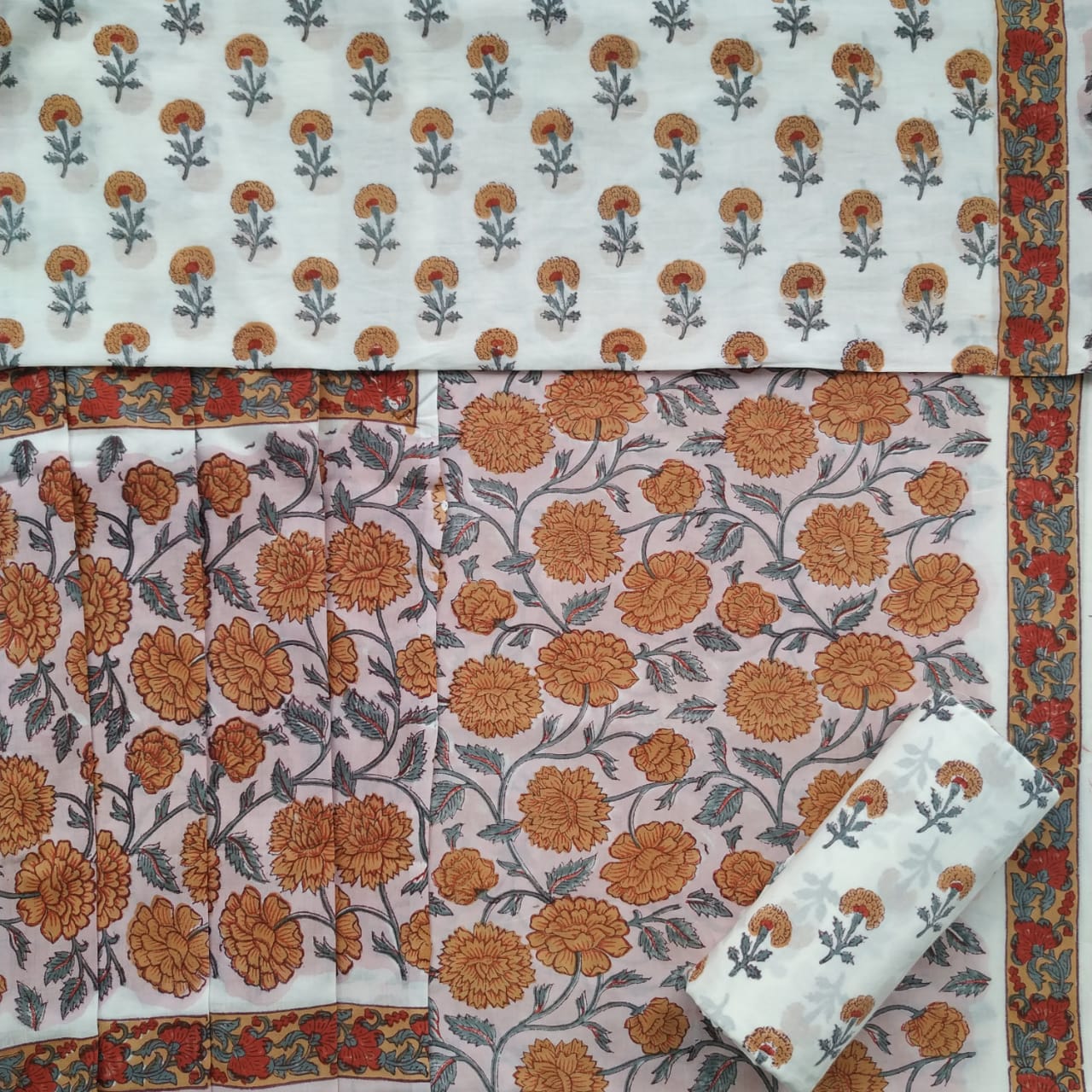 Shop Unstirched Hand Block Print Pure Cotton Suits with Mulmul Dupatta (PRMUL139)