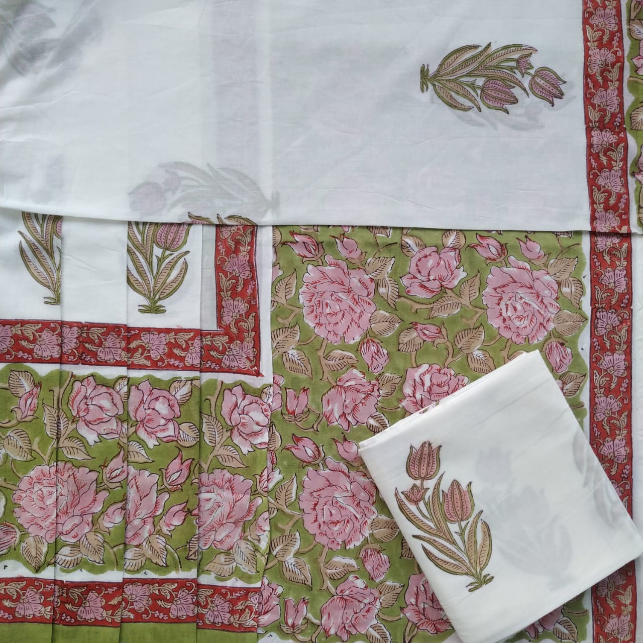 Shop Unstitched Hand Block Print Pure Cotton Suits with Mulmul Dupatta