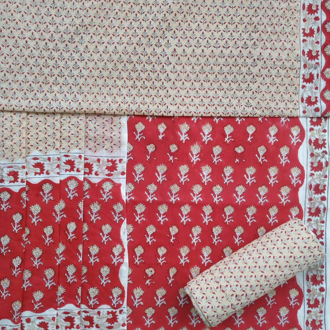 Shop Unstitched Hand Block Print Pure Cotton Suits with Mulmul Dupatta (PRMUL148)