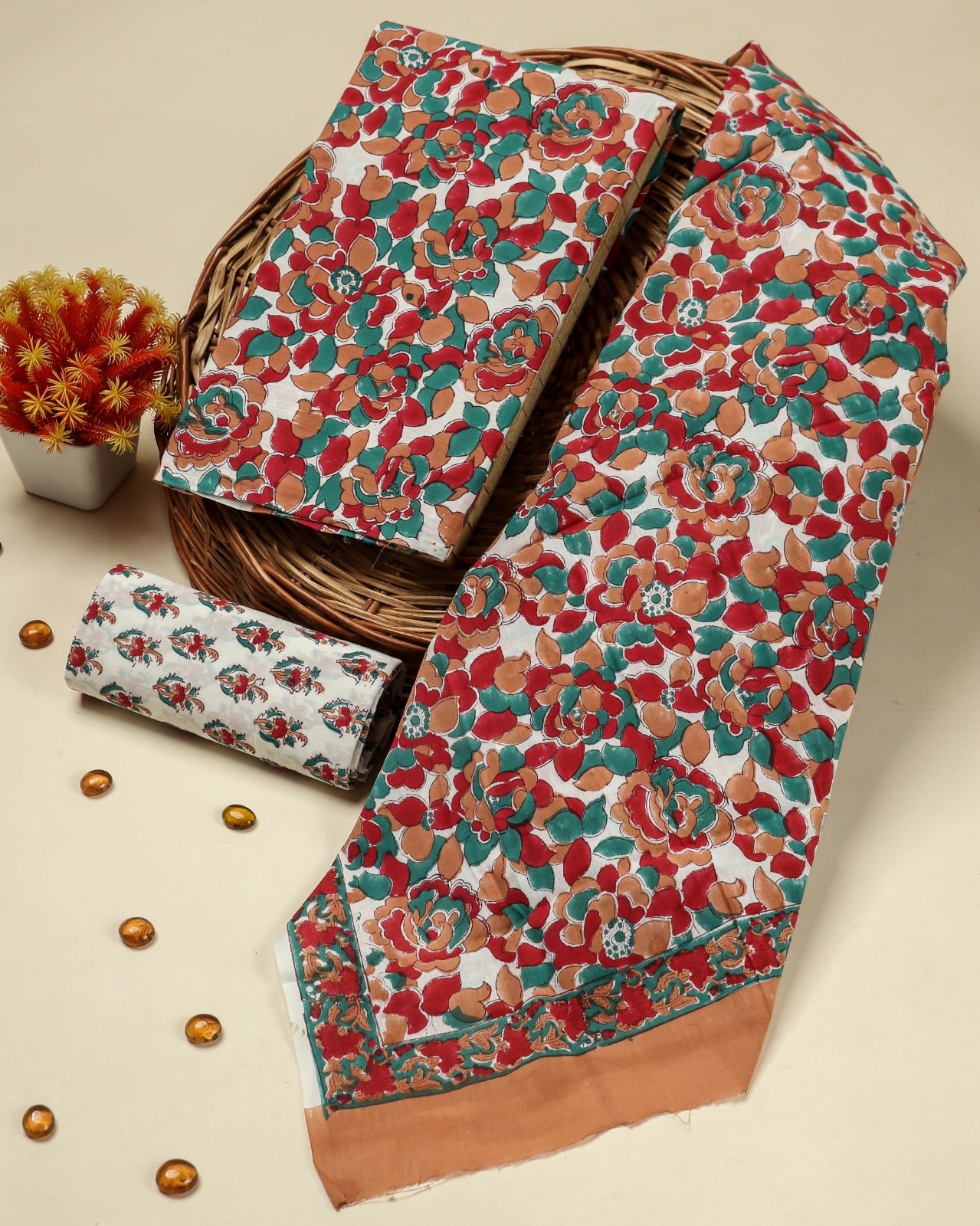 Shop Unstitched Hand Block Print Pure Cotton Suits with Mulmul Dupatta (PRMUL150)