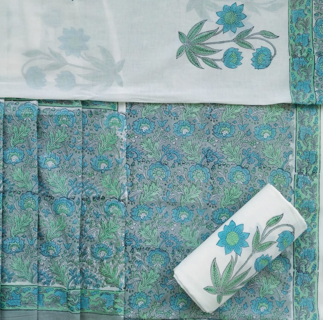 Shop Unstitched Hand Block Print Pure Cotton Suits with Mulmul Dupatta (PRMUL154)