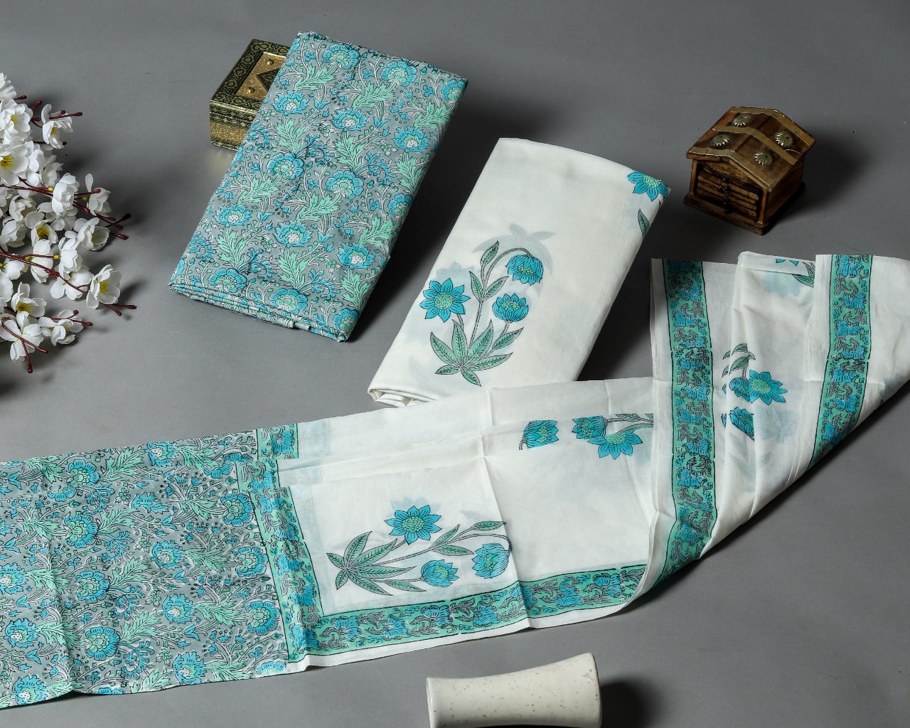 Shop Unstitched Hand Block Print Pure Cotton Suits with Mulmul Dupatta (PRMUL154)