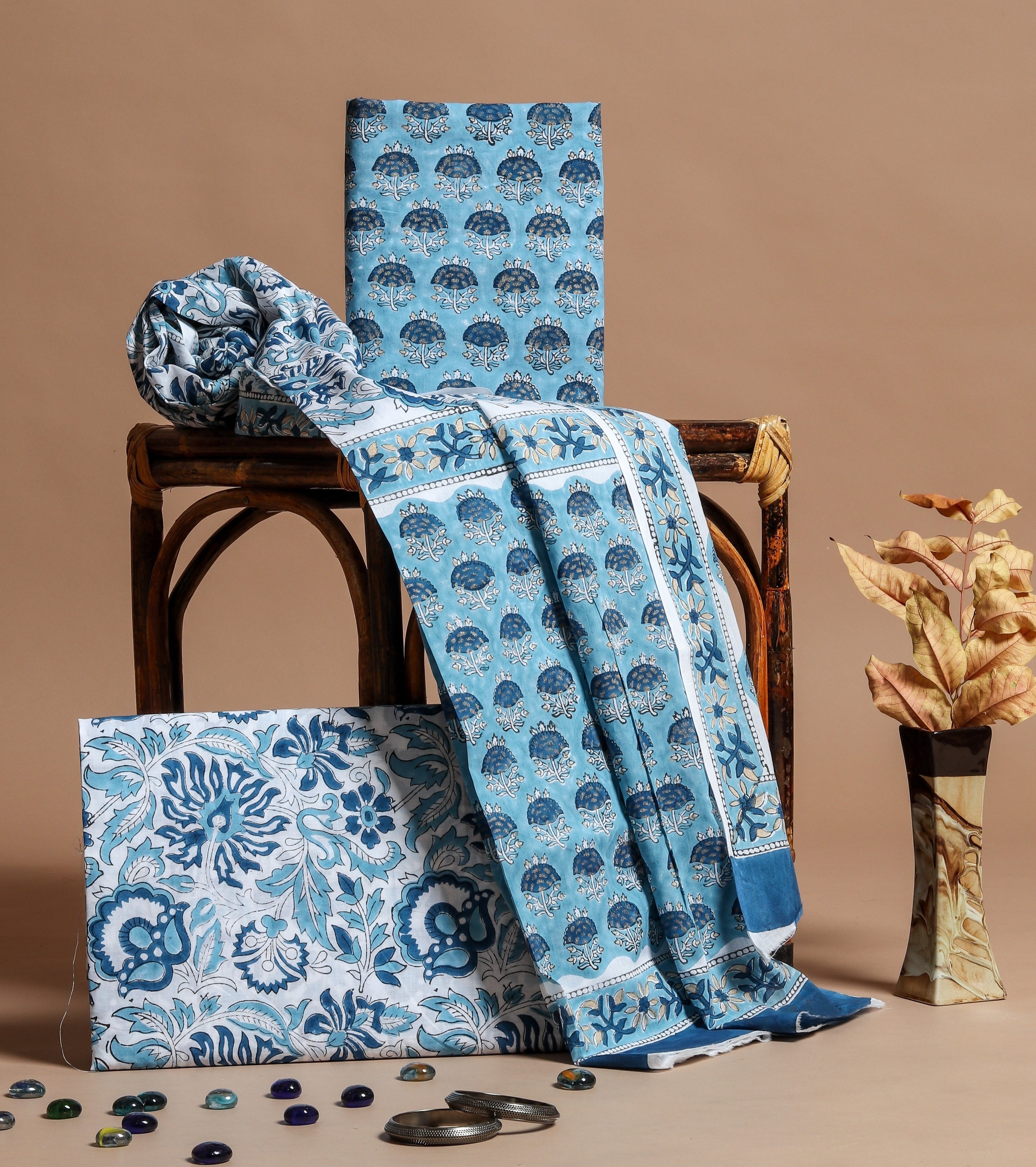 Shop Unstitched Hand Block Print Pure Cotton Suit with Mulmul Dupatta (PRMUL165)