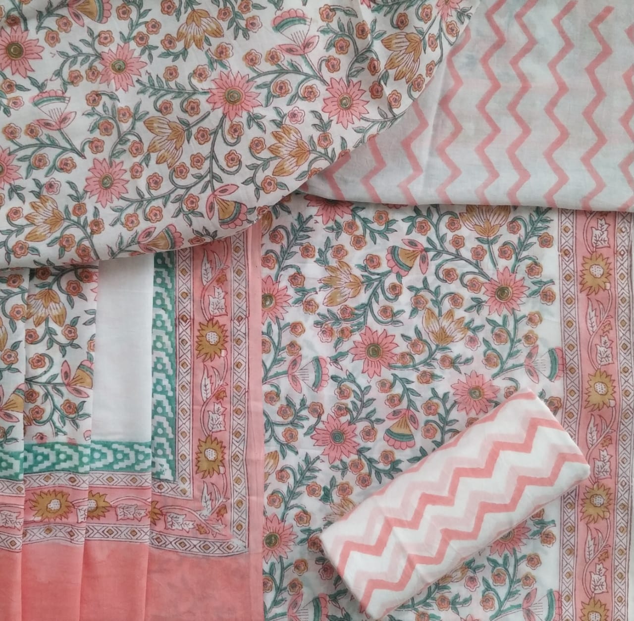 Shop Unstitched Hand Block Print Pure Cotton Suits with Mulmul Dupatta (PRMUL179)