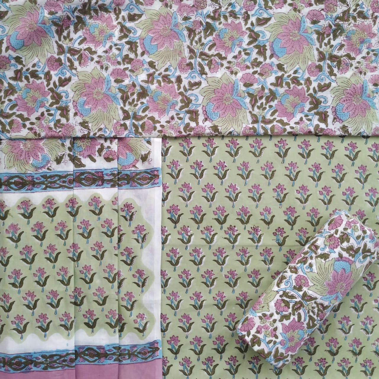 Shop Unstitched Hand Block Print Pure Cotton Suits with Mulmul Dupatta (PRMUL180)