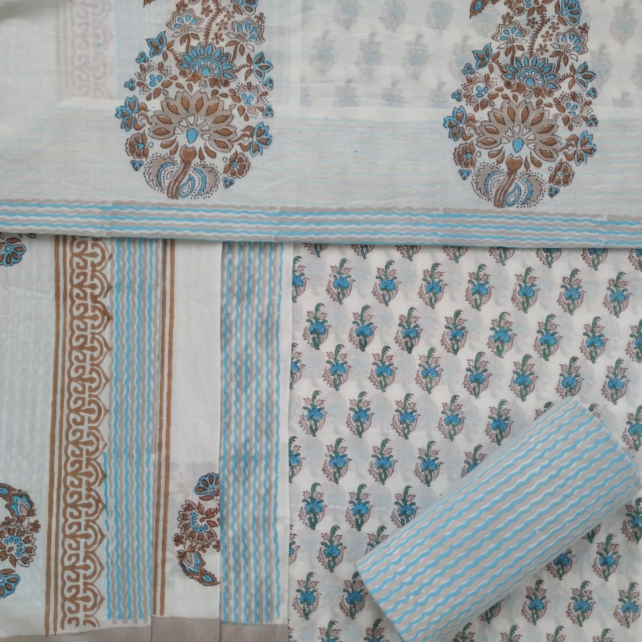 Shop Unstitched Hand Block Print Pure Cotton Suits with Mulmul Dupatta (PRMUL184)