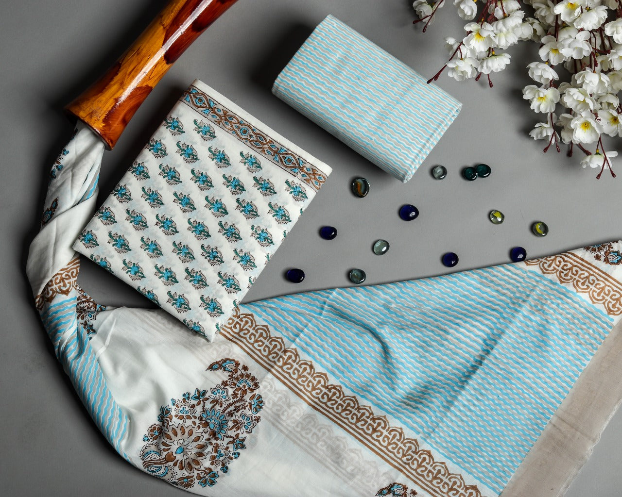 Shop Unstitched Hand Block Print Pure Cotton Suits with Mulmul Dupatta (PRMUL184)