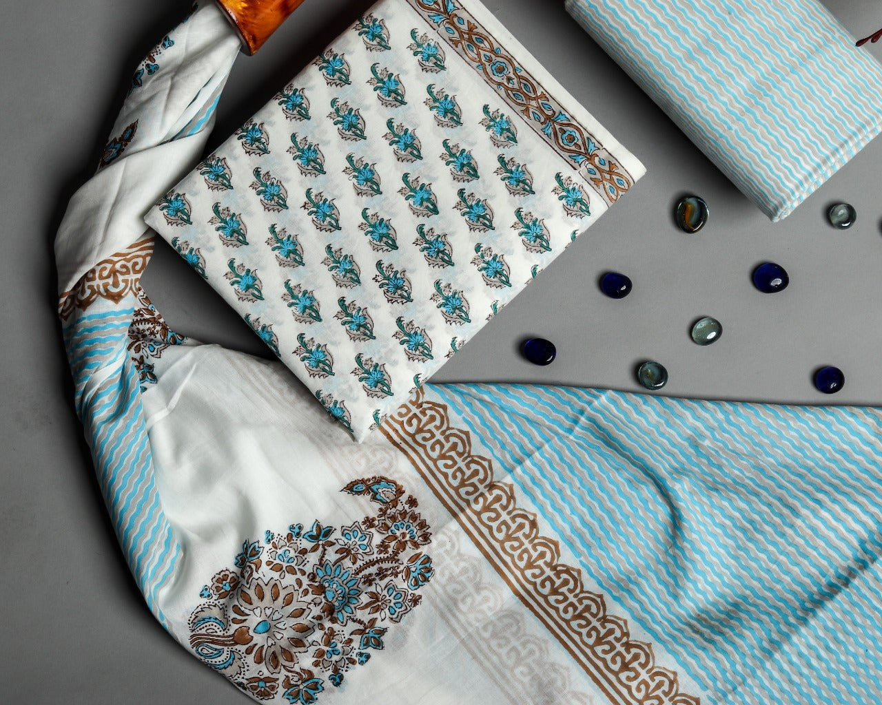 Shop Unstitched Hand Block Print Pure Cotton Suits with Mulmul Dupatta (PRMUL184)