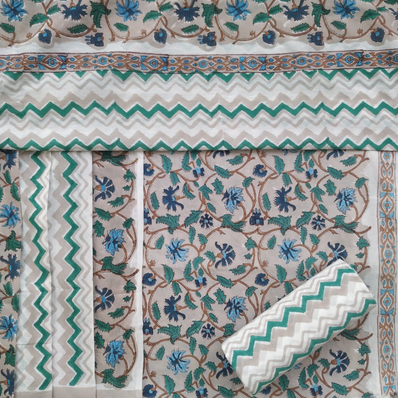 Shop Unstitched Hand Block Print Pure Cotton Suits with Mulmul Dupatta (PRMUL188)